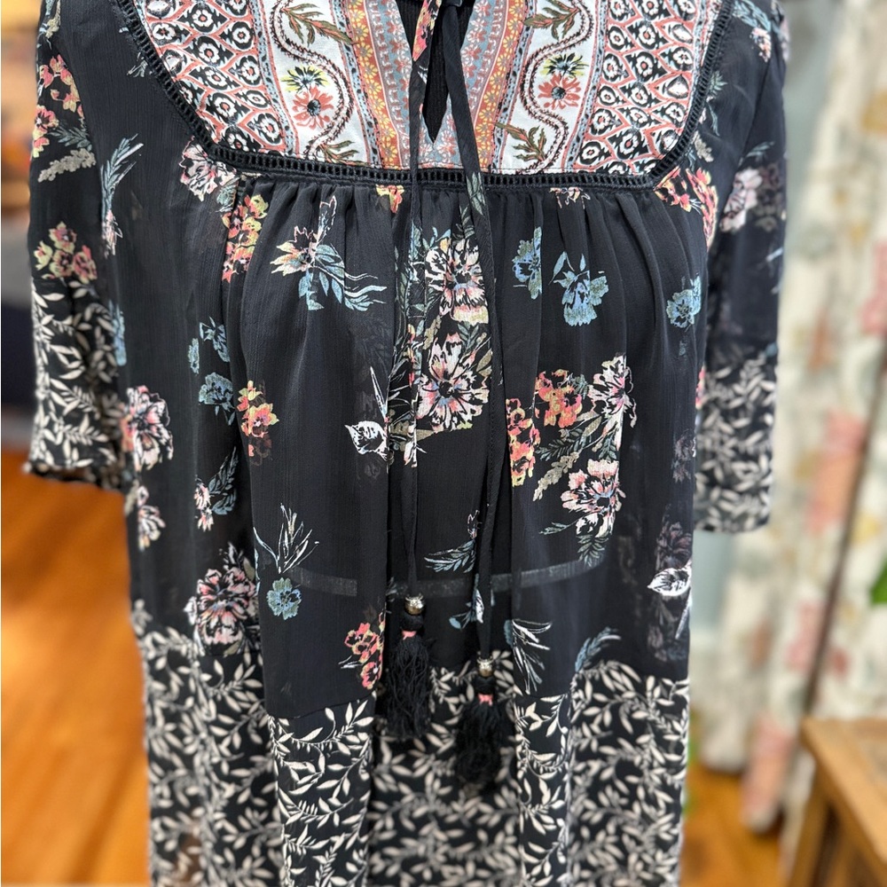 Knox Rose Floral Boho Top - Black and Pink Sheer